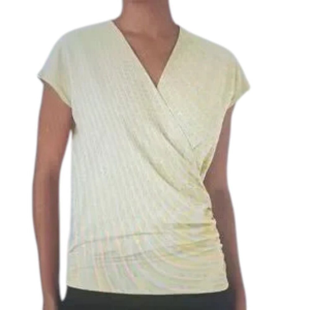 Halaraβ V Neck Cap Sleeve Crossover Ruched Solid Work Blouse NWOT Vague Yellow M